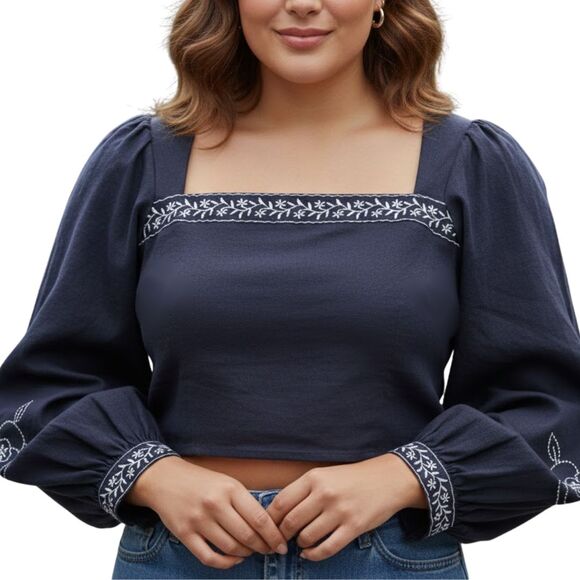 NWT Cider Plus 2X Navy Floral Embroidery Square Neck Curve Peasant Blouse Top - Picture 1 of 15